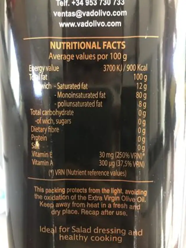 Huile d'olive ingredients label