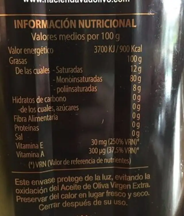 Huile d'olive nutrition facts table