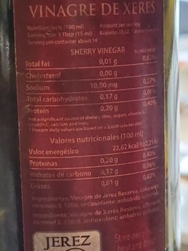 Vinagre nutrition facts table