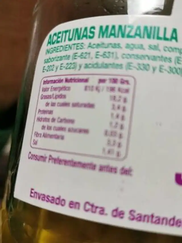 Aceitunas y encurtidos nutrition facts table