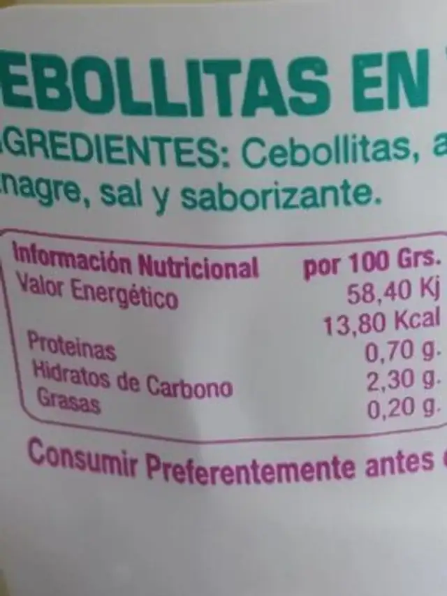 Cebollitas en vinagre nutrition facts table