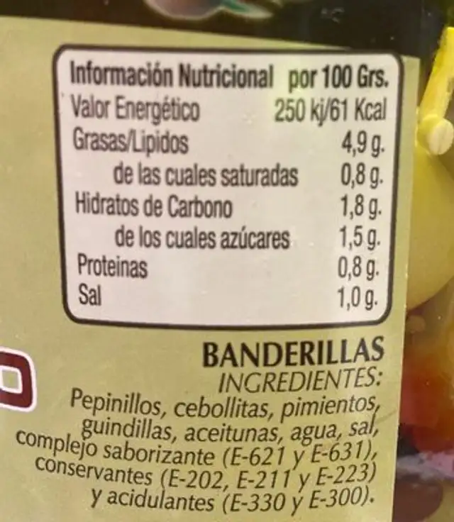 Banderillas nutrition facts table