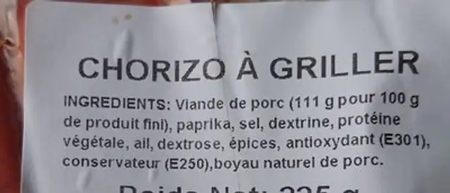 Chorizo a griller ingredients label