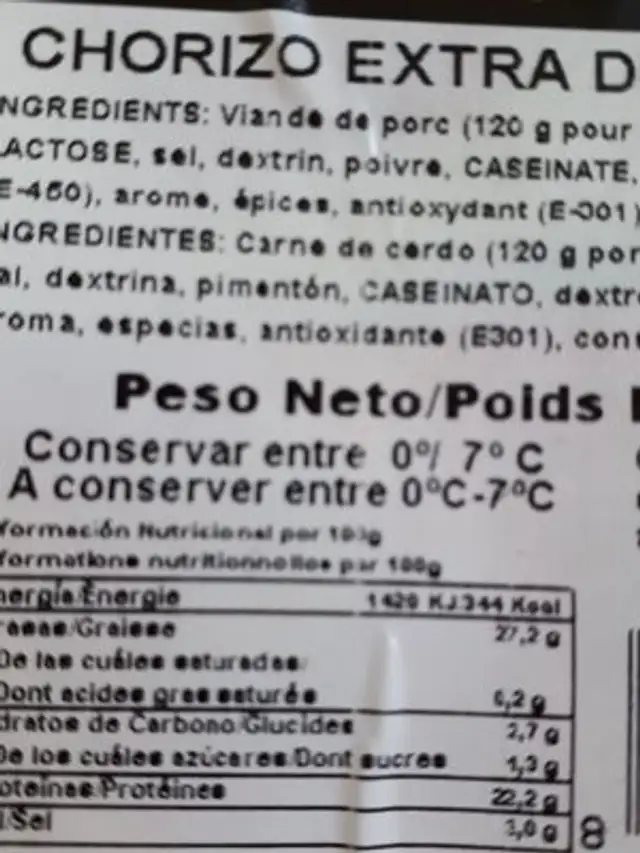Chorizo extra dulce doux ingredients label