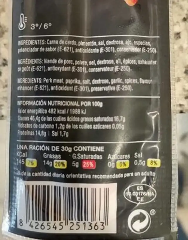 Chistorra nutrition facts table