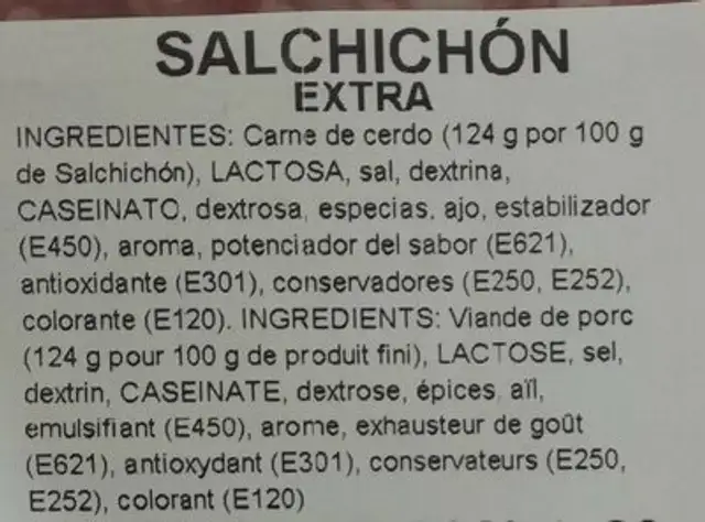 Salchichón extra ingredients label