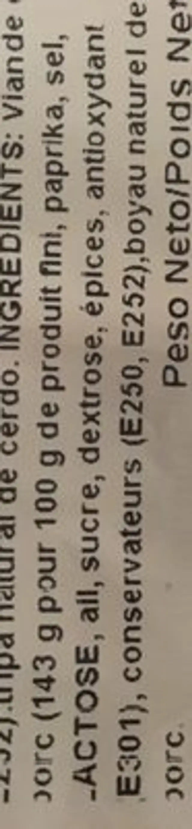 Chorizo Sarta Extra ingredients label
