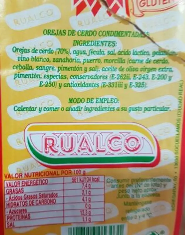 Orejas de Cerdo nutrition facts table
