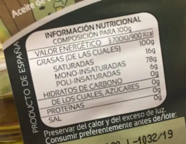 Aceite oliva nutrition facts table
