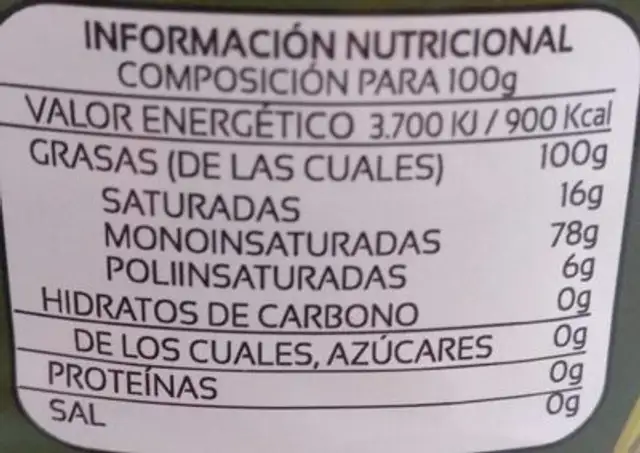 Aceite de oliva nutrition facts table
