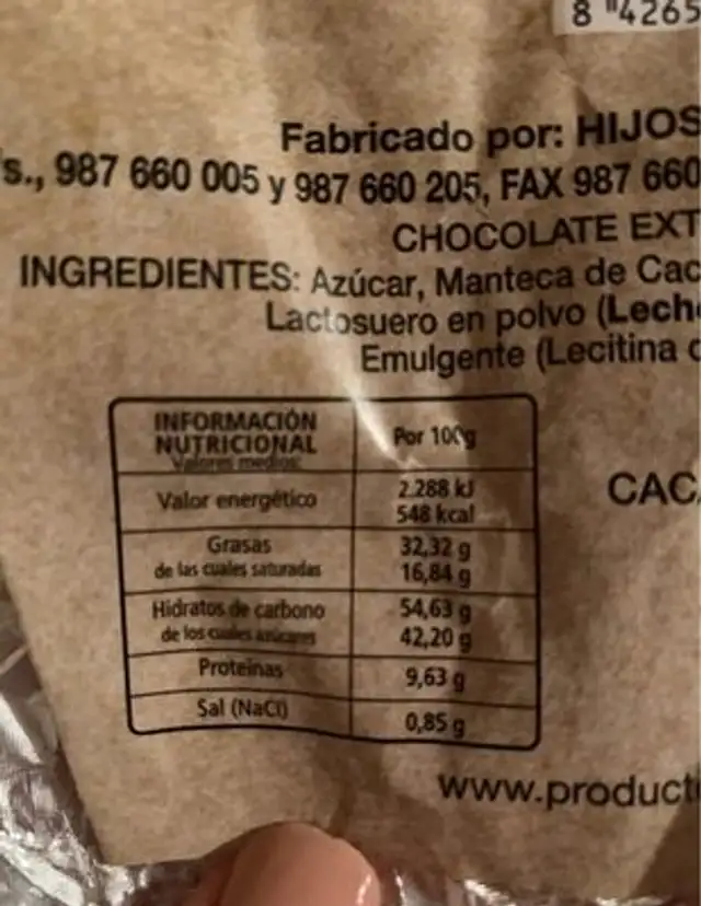 Chocolate extrafino con leche y almendras nutrition facts table