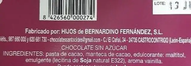 Chocolate negro sin azucar ingredients label