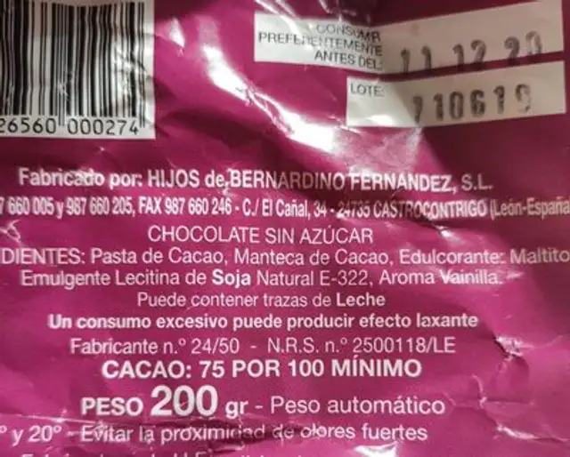 Chocolate negro sin azucar nutrition facts table