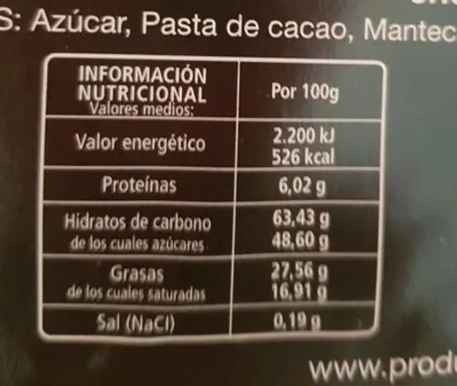 Chocolate negro cacao nutrition facts table