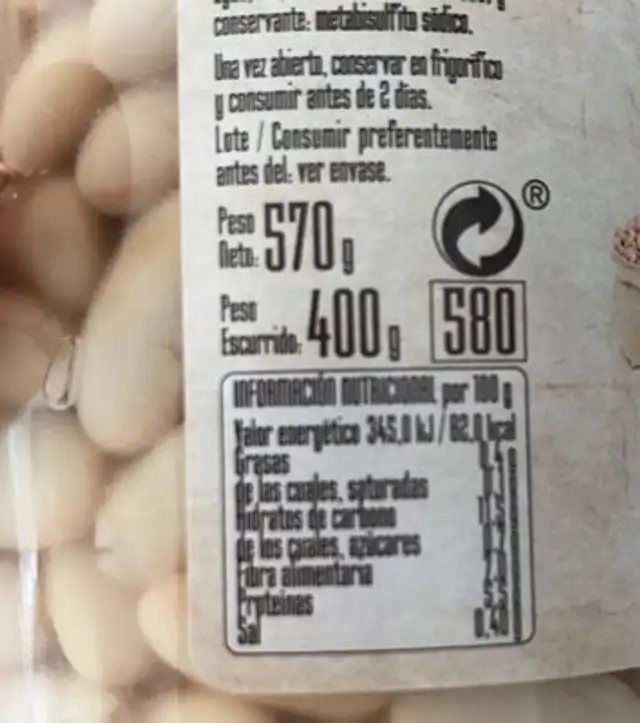 Alubias blancas largas nutrition facts table