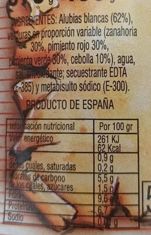 Ensalada de alubias con verduras nutrition facts table