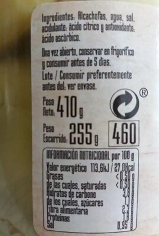 Alcachofas nutrition facts table