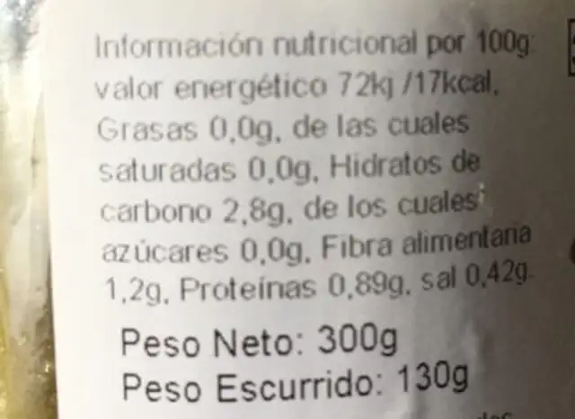 Guindilla en vinagre nutrition facts table