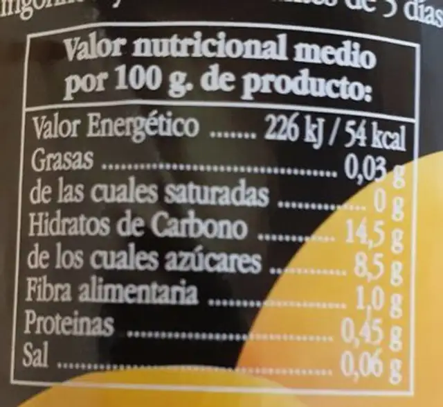 Melocotón en almíbar nutrition facts table