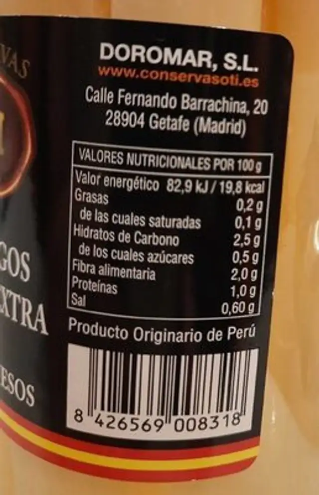 Espárragos blancos extra nutrition facts table
