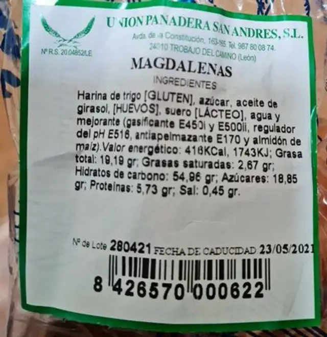 Magdalenas La Unión nutrition facts table