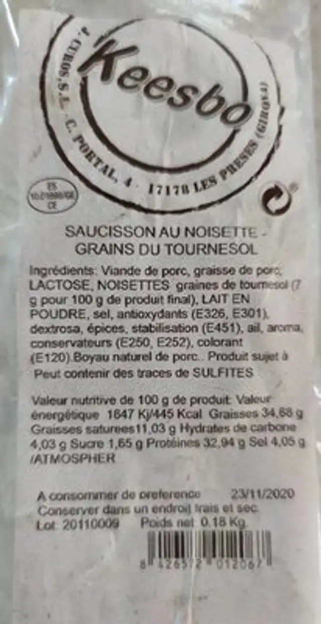Saucisson au noisette - Grains de tournesol