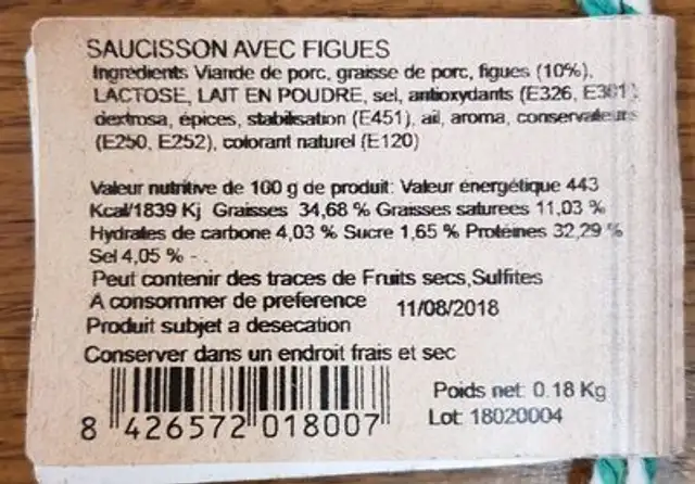 Saucisson avec figues ingredients label