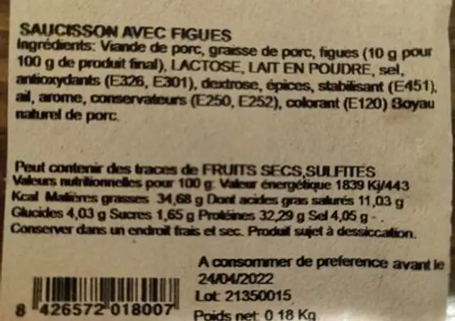 Saucisson avec figues nutrition facts table