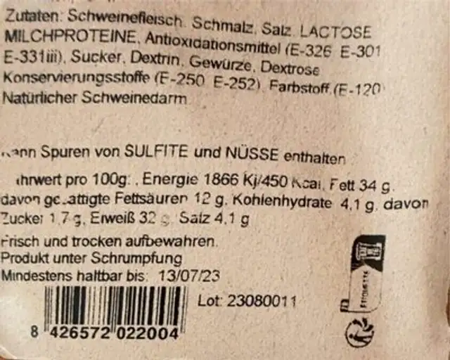 Saucisson nutrition facts table