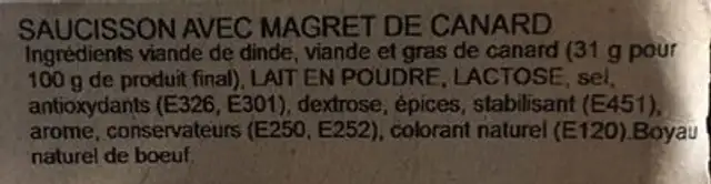 Saucisson avec magret de canard ingredients label