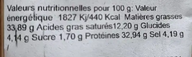 Saucisson au magret de canard nutrition facts table