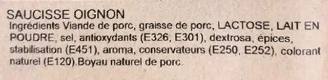 Saucisson a l'oignon ingredients label