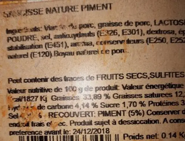 Saucisse nature piment nutrition facts table