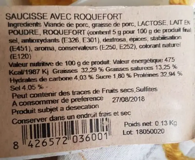 Saucisse avec roquefort ingredients label