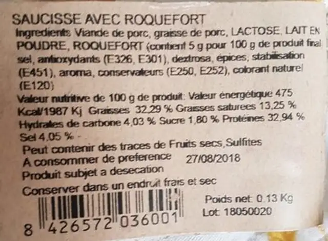 Saucisse avec roquefort nutrition facts table