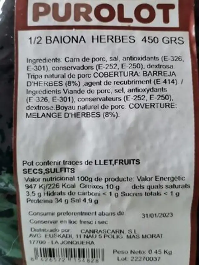 1/2 BAIONA HERBES nutrition facts table