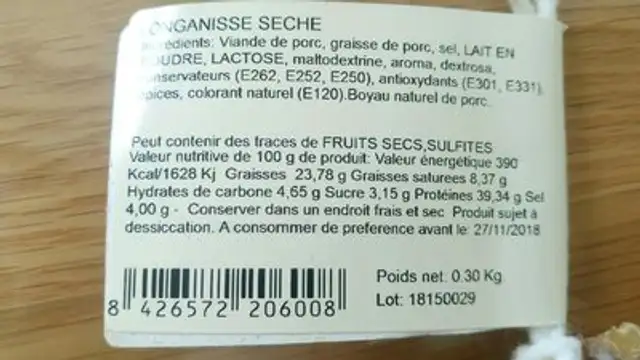 Longanisse Seche ingredients label