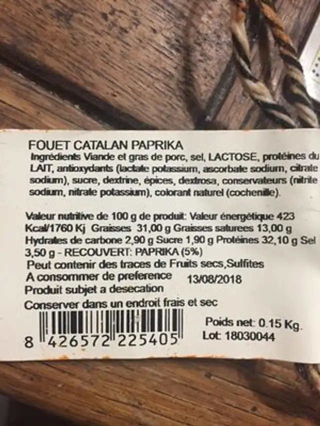 Fuet catalan ingredients label