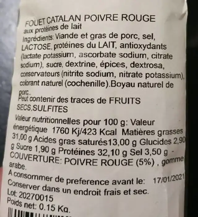 Fouet catalan au poivre rouge nutrition facts table