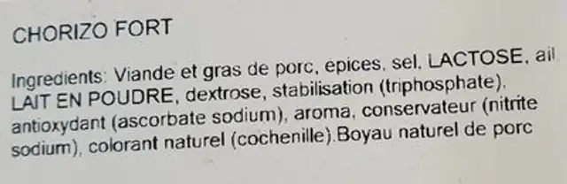 Chorizo Fort ingredients label
