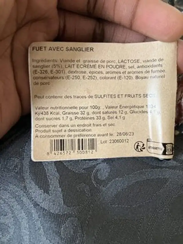 Saucisse de sanglier ingredients label