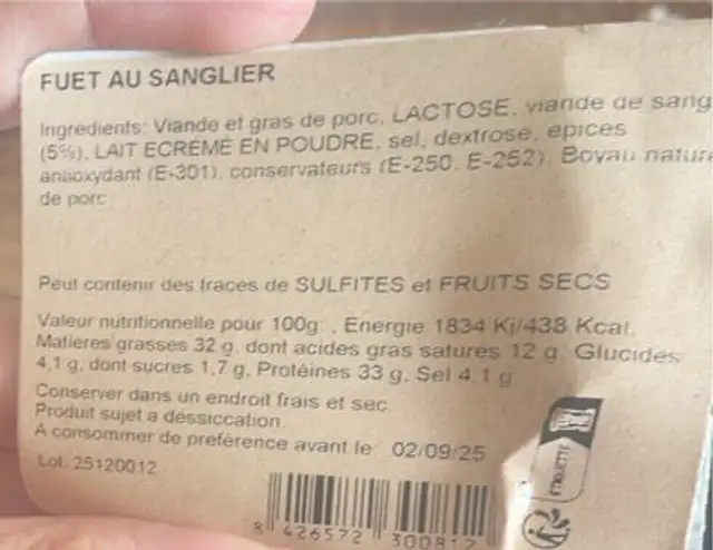 Saucisse de sanglier nutrition facts table