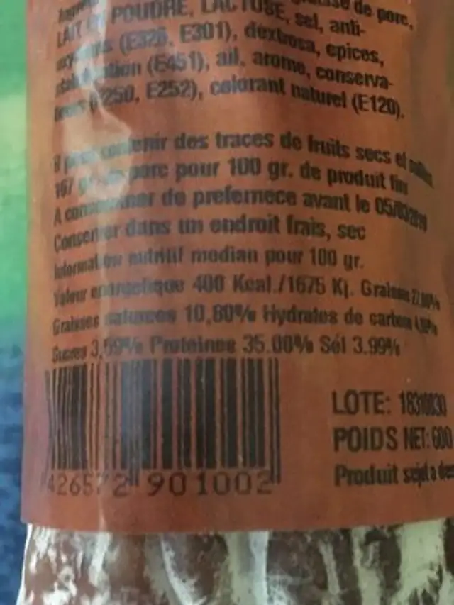 Saucisson ingredients label