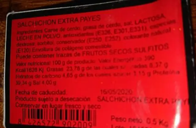 Salchichón extra Payes nutrition facts table