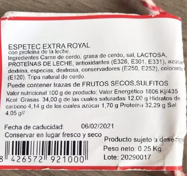 Fuet nutrition facts table