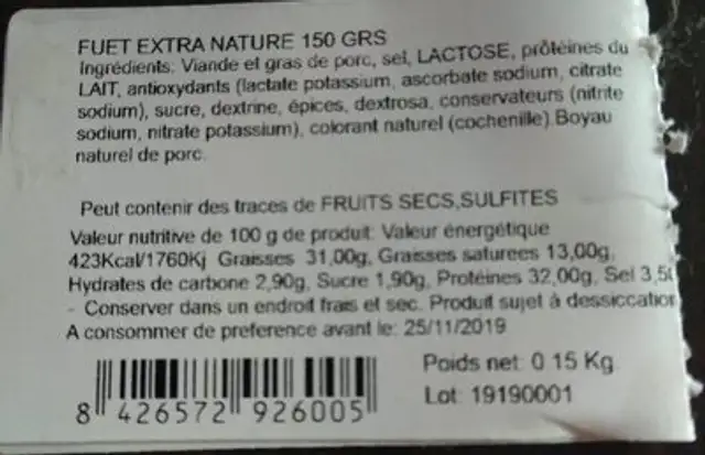 Saucisson nutrition facts table