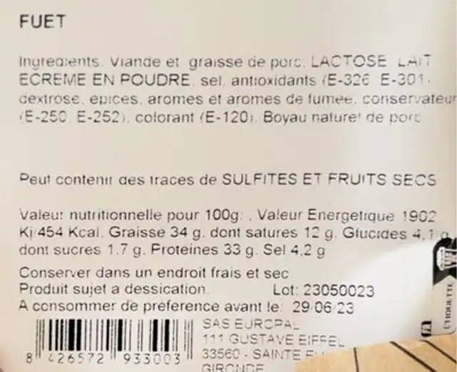Fuet nutrition facts table