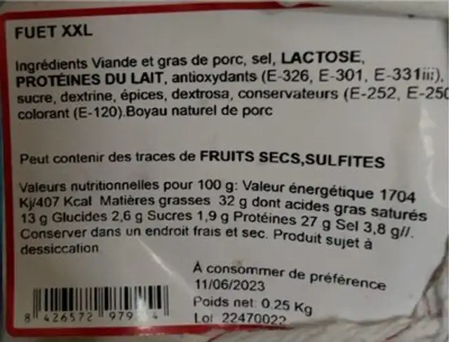 Fuet nutrition facts table