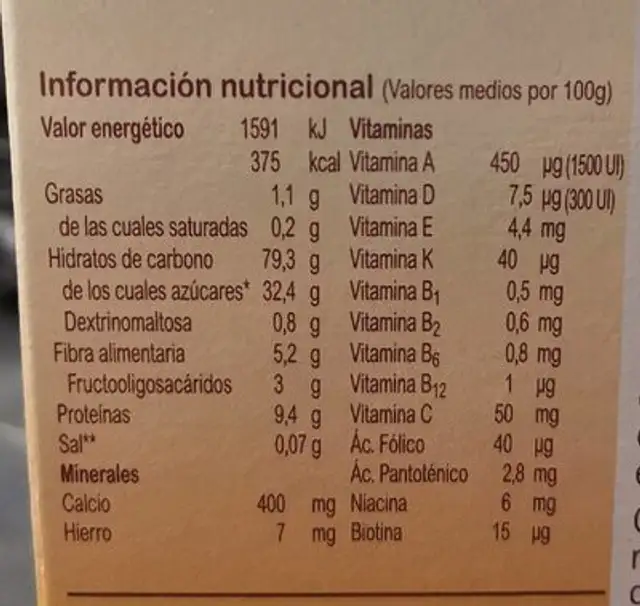 Blevit 8 Cereal con Miel nutrition facts table