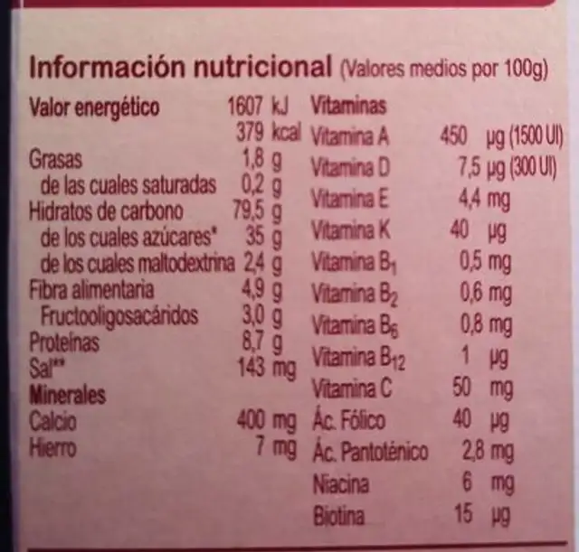 Blevit multicereales con frutos secos miel y frutas nutrition facts table